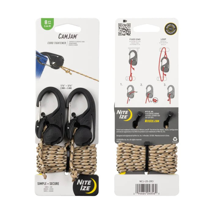 NiteIze CamJam Cord Tightener 2 Pack with 8 ft Rope-Black