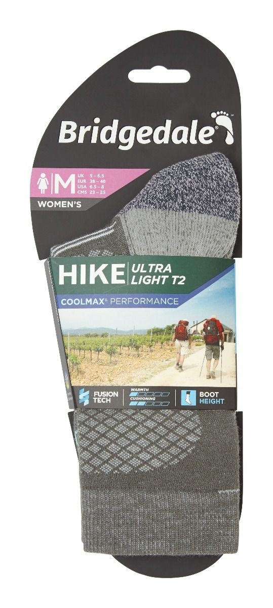 Bridgedale HIKE Ultralight T2 Coolmax Performance Boot Sock Women's-Dk Grey/Lt Grey