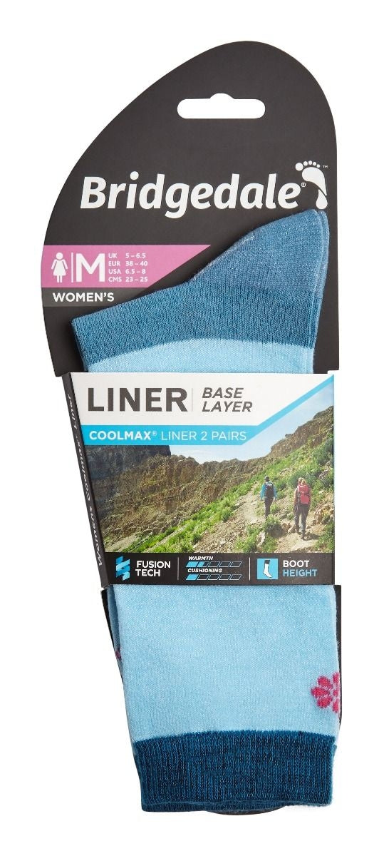 Bridgedale LINER Base Layer Coolmax Liner Boot Socks x 2 Women's-Sky