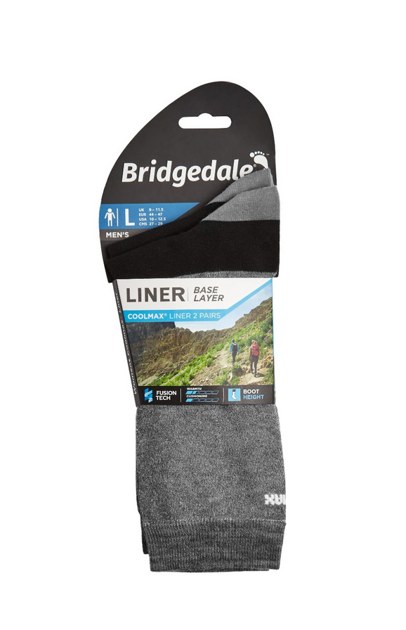 Bridgedale LINER Base Layer Coolmax Liner Boot Socks x 2 Men's-Grey