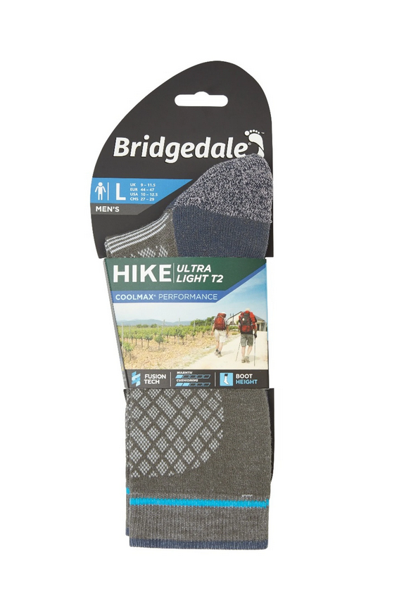 Bridgedale HIKE Ultralight T2 Coolmax Performance Boot Men's Sock-Grey/Dark Grey